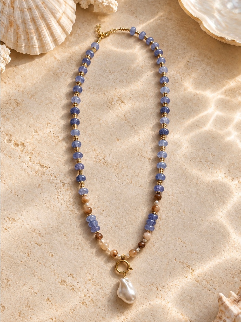 Gold Pearl Drop Necklace with Blue and Brown Beads